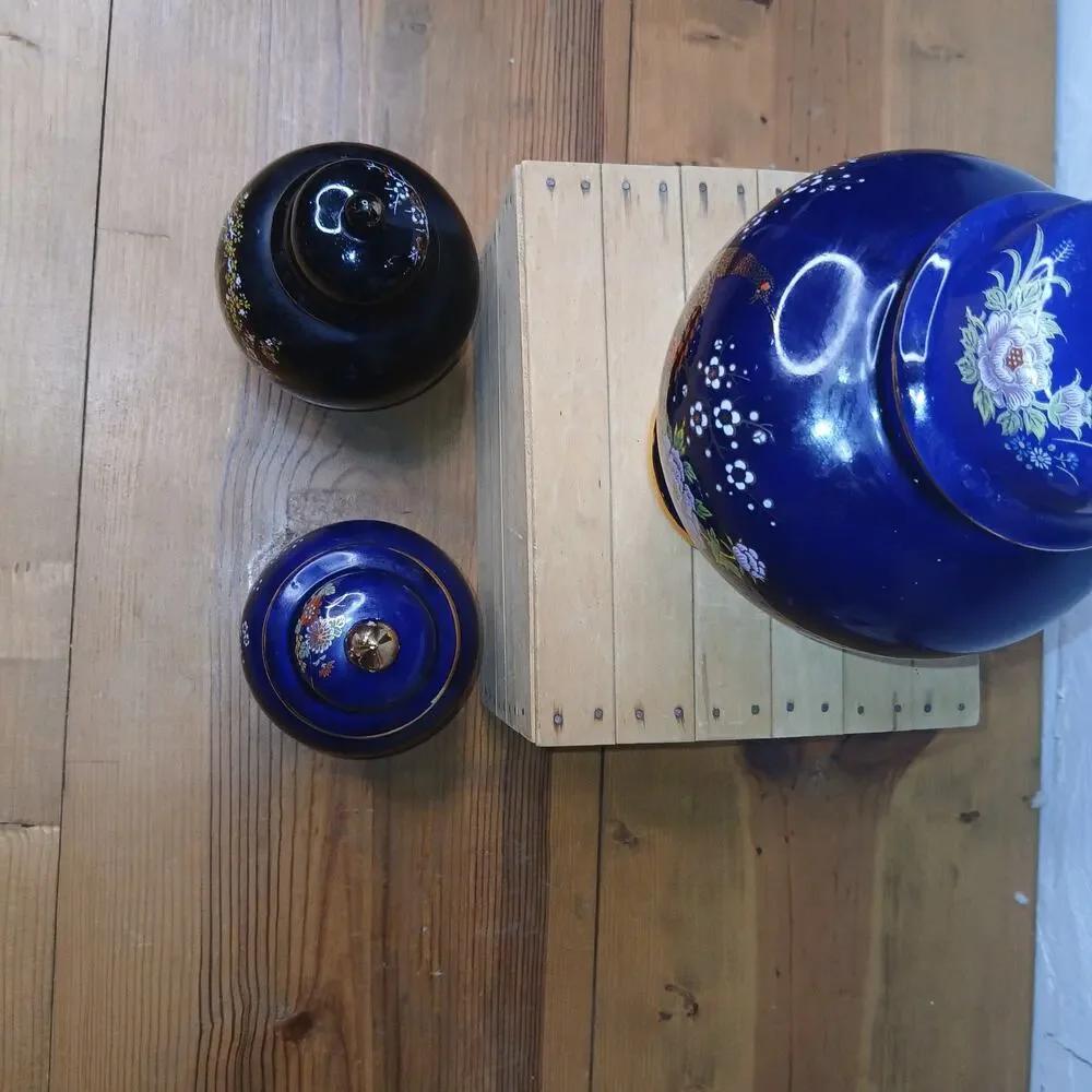 3 Cobalt Blue Vase Ginger Jar with Lid Floral Peacock Asian Decor Accent #54